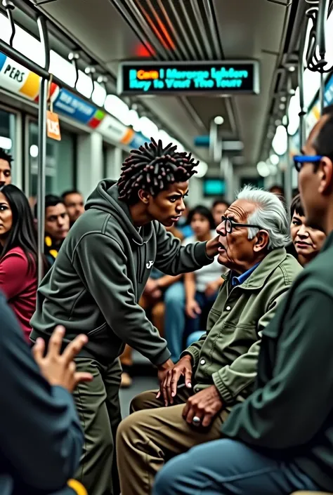 Create an image of a person rapping on public transport, harassing an elderly person