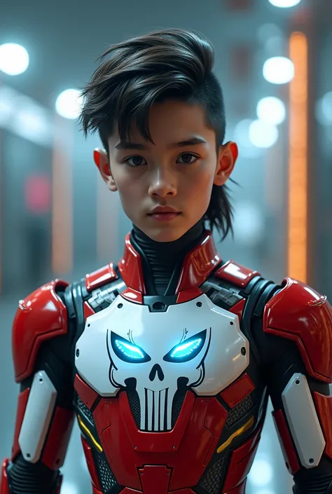 .a young 17 year old boy wearing a red and white exoskeleton armor, a robot face on his chest , malaysian mullet hairstyle, detailed face and eyes, highly detailed, 8k, photorealistic, cinematic lighting, concept art, sci-fi. Led light blue.led light robot...