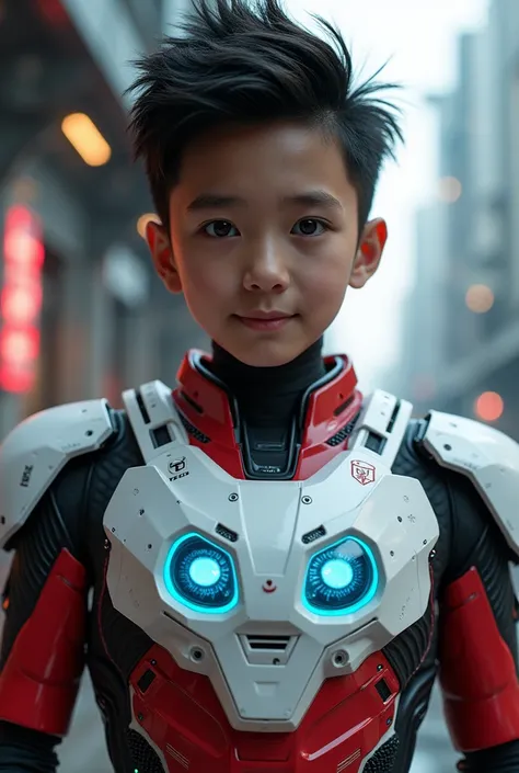 .a young 17 year old boy wearing a red and white exoskeleton armor, a robot face on his chest , malaysian mullet hairstyle, detailed face and eyes, highly detailed, 8k, photorealistic, cinematic lighting, concept art, sci-fi. Led light blue.led light robot...