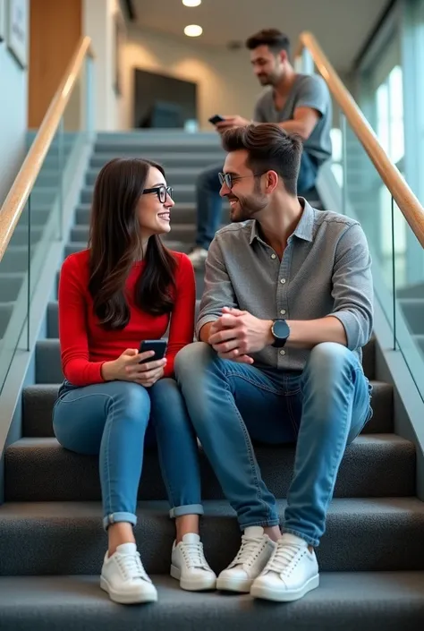 1 girl and 1 couple is sitting on the wide stairs in office area and talking, the girl is wearing a red top and jeans and specs and the boy is wearing a grey check shirt and jeans and smart watch and both are wearing white shoes, but boy are not wearing sp...