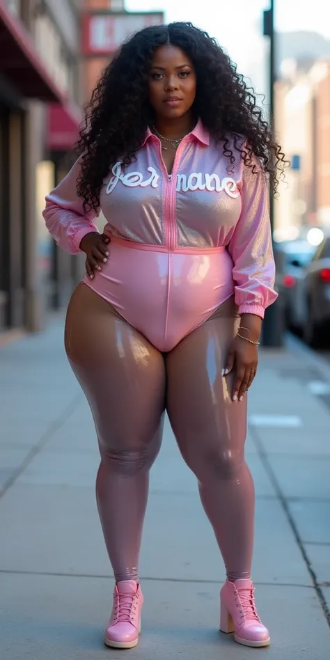 MASSIVE BUTTOCKS, translucent plastic leggings, UHD, Shes a dark skin melanin Queen with tiny paper-thin waist, city sidewalk, side body, ppastel blouse says "Jermaine", best quality, swanky hair, High resolution image, no nudity 