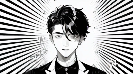 (((black and white illustration with converging lines)))、(((young handsome man with surprised face))),