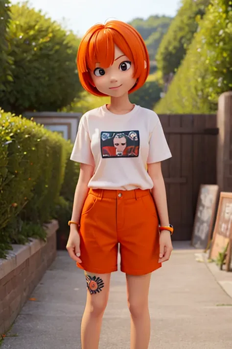 female、１６age、Orange Hair、Bob、whiteＴshirt、Short trousers、Tattoo on arm、Bright expression、