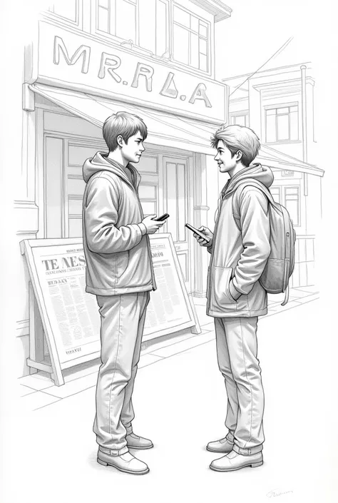 Draw a pencil drawing a person standing opposite  with mobile
out side local tea shop with news paper
