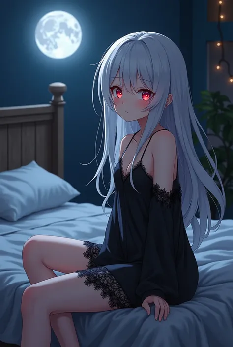 cute vampire  girl ,white hair,red eyes,anime,black less pajamas ,sit on bed,night