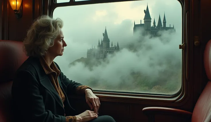 A train interior with a daydreaming J.K. Rowling (in her 30s) gazing out of the window, with a ghostly image of Harry Potter, Hogwarts, and a magical world forming in the clouds outside