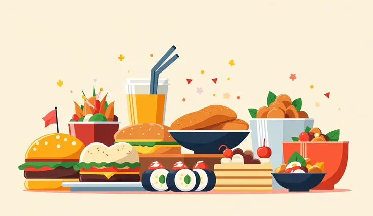 modern style，Flat设计，All kinds of food，Hamburger，sushi，steamed stuffed bun，Fried chicken，pancakes，cake，Salads, etc.，Minimalist style，Non-realistic style，Flat，flat style，Full screen of food