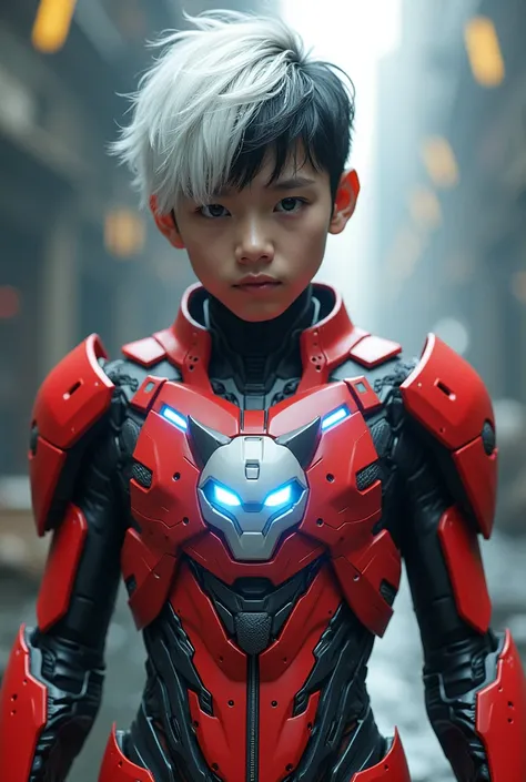 a young 17 year old boy wearing a red and white exoskeleton armor, a robot face on his chest , malaysian mullet wolfcut hairstyle. White black hair, detailed face and eyes, highly detailed, 8k, photorealistic, cinematic lighting, concept art, sci-fi. Led l...