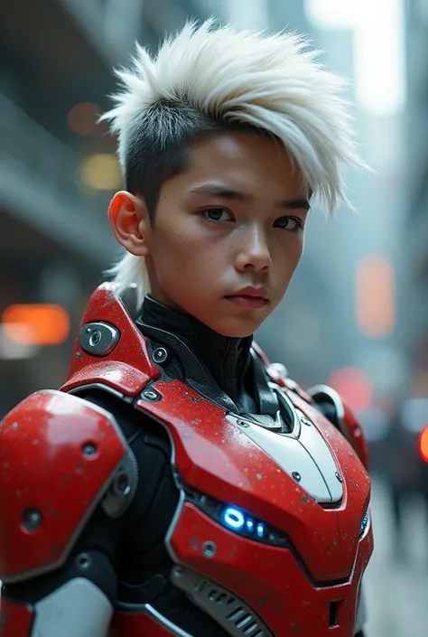 a young 17 year old boy wearing a red and white exoskeleton armor, a robot face on his chest , malaysian mullet wolfcut hairstyle. White black hair, detailed face and eyes, highly detailed, 8k, photorealistic, cinematic lighting, concept art, sci-fi. Led l...