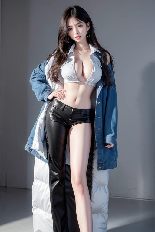 1 girl, blue eyes, Long hair, Jacket,No underwear，A bold style that reveals the chest line，Big breasts,Pronounced nipple contour，Thong shorts， （Mini Zip Thong：1.6），（（Pants zipper separated：2.0）），（Pants zipper broken：2.0），Exposes a sexy，Spread your legs，Loo...