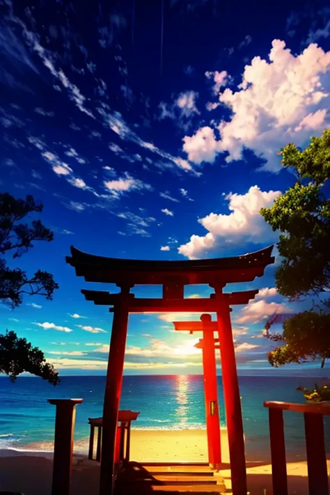 ((masterpiece)), ((Highest quality)), ((Very detailed)), View of the sea from the temple, Sandy beach seen from the torii gate, Expanding blue sky and clouds, Natural trees々, 