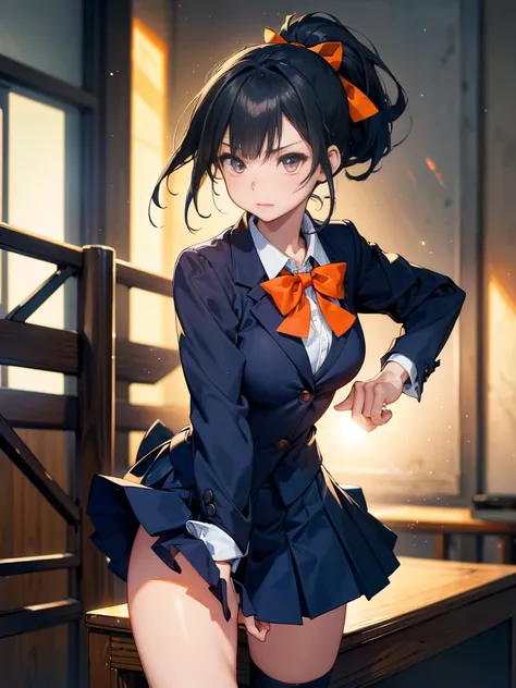 One person, ponytail, Black Hair, Slender body,Thinい胸,Slanted Eyes, Thin々, height: 155cm,Illustration effect, High School Uniform,Navy Blue Blazer,White blouse,Orange bow ribbon,Gray knee-length flared skirt,Navy blue knee socks,Black shoes,Kung Fu Action,...