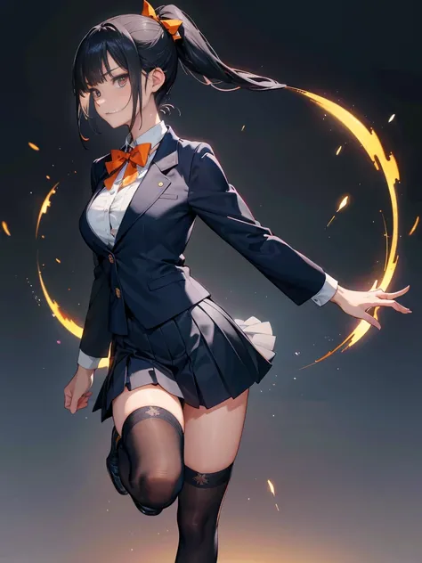 One person, ponytail, Black Hair, Slender body,Thinい胸,Slanted Eyes, Thin々, height: 155cm,Illustration effect, High School Uniform,Navy Blue Blazer,White blouse,Orange bow ribbon,Gray knee-length flared skirt,Navy blue knee socks,Black shoes,Kung Fu Action,...