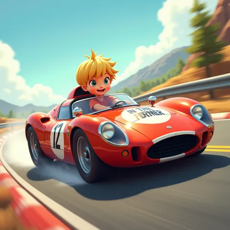 A blond boy with a bowl cut haircut, full of enthusiasm, He is driving a sports car as it races at full speed around a circuit. On the side of the car, highlight the name "IN THE FORMER", which adds a unique touch to the scene. Speed and excitement merge i...