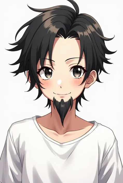 "Create an anime-style character wearing a white shirt. The character should have black-and-white mixed hair and a goat-like beard in the same color as the hair. The character should be looking straight ahead with a confident expression."Make a teenager.