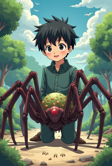 A boys lower_body is becomed spider(Japanese anime style)(eight legs)(entire spider_body)(a spider_head and a human_head)(no humans legs)（laying eggs）