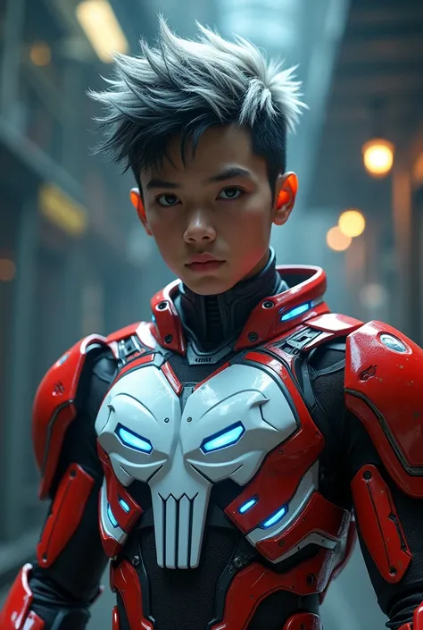 a young 17 year old boy wearing a red and white exoskeleton armor, a robot face on his chest , malaysian mullet wolfcut hairstyle. Red ear mount . black hair mix little white hair. , detailed face and eyes, highly detailed, 8k, photorealistic, cinematic li...