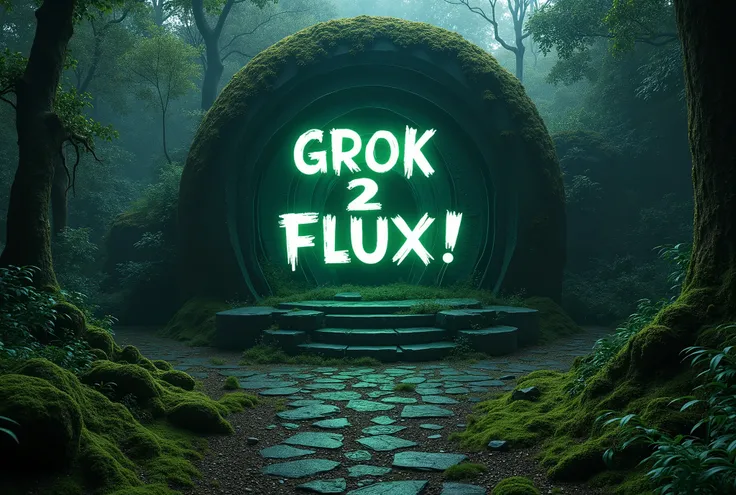 A shimmering text "GROK 2 FLUX!", ancient moss-covered stone altar, dense enchanted forest, cinematic lighting, dramatic shadows, vibrant colors, fantasy, mystical, ethereal, photorealistic