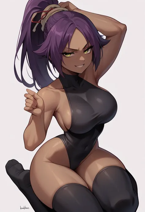 score_9, score_8_up, score_7_up, score_6_up, score_5_up, score_4_up, 1girl, hot, big breasts, slender waist, wide hip, thick thighs, big ass, smile face, smug, half closed eyes, dark-skinned female, dark skin, purple hair, ponytail, yellow eyes, yoruichi s...