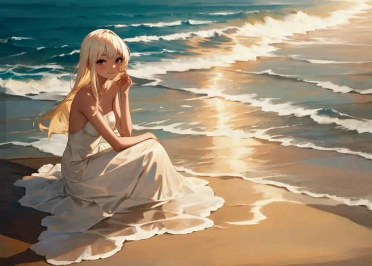 ocean, sitting, reply, Platinum blonde, Beauty, A gentle smile