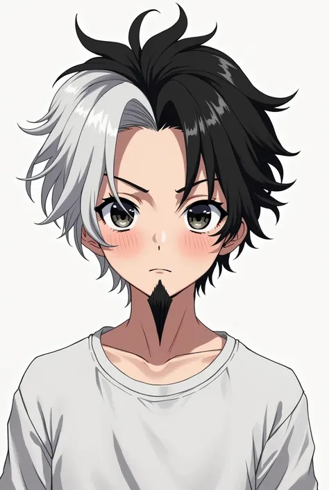 "Create an anime-style character wearing a white shirt. The character should have black-and-white mixed hair and a goat-like beard in the same color as the hair. The character should be looking straight ahead with a confident expression."Make a teenager.