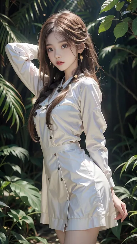 ulzzang-6500-v1.1, (RAW photo: 1.2), (Real photo), (Real photo: 1.4), 1 girl、Perfect anatomy、19 years old、Looking at the camera、Medium length hair、side braid, short white uniform dress, at night, under the starry night sky, ((in the jungle: 1.1))、(Business...