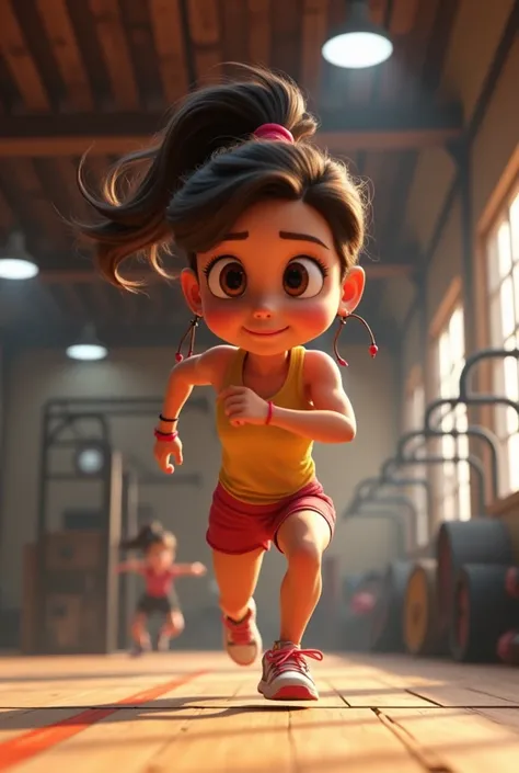 1girl, young girl, wavy hair, brunette, medium build, doing crossfit animated by Pixar 