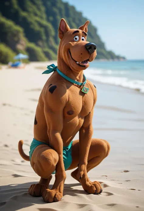 (Scooby Doo, male furry dog) full body, on a deserted beach
