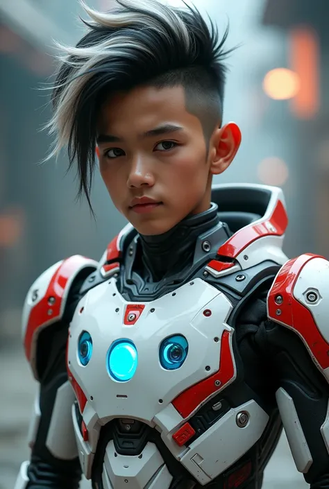 a young Malaysia man, tan skin .19 year old boy wearing a red and white exoskeleton armor, a robot face on his chest , malaysian mullet wolfcut hairstyle. Red ear mount . black hair mix little white hair. , detailed face and eyes, highly detailed, 8k, phot...