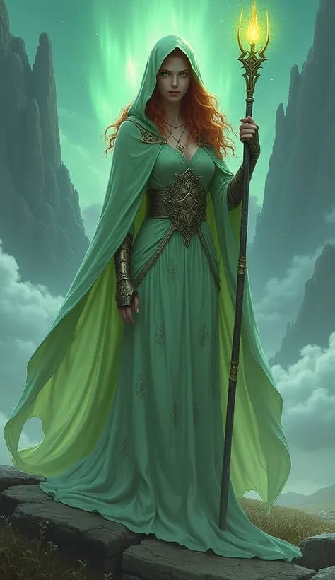 In a vast, mystical landscape, where the sky shimmers with the colors of the evening aurora, the graceful summoner Seraphina stands. Her long, flowing red hair is topped with a green hood, and her piercing green eyes are filled with determination. Her eleg...