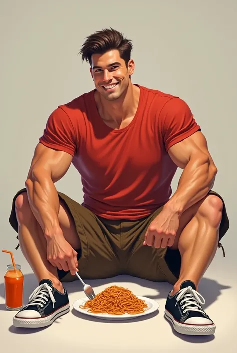 Muscular man wearing a shirt with long shorts Long loose shorts With pockets on the sides with converse sneakers red T-shirt and brown shorts Long short, Normal musculature Sitting on the floor with his legs spread on the floor while eating a plate of span...