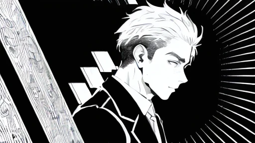 (((Black and white illustration with converging lines)))、(((Young handsome man with surprised face))),profile、The side facing the screen is blank.、