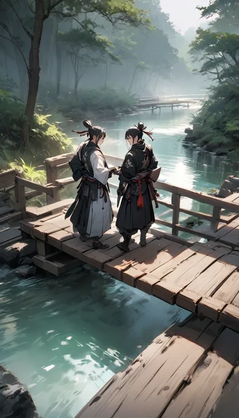 Two samurai passing each other on a wooden bridge, neither acknowledging the other. The scene is tense, with the mist rolling over a nearby river."