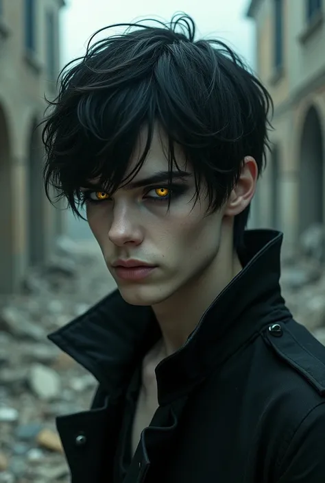 young guy, dark hair, yellow eyes, thin pupils, destroyed buildings in the background