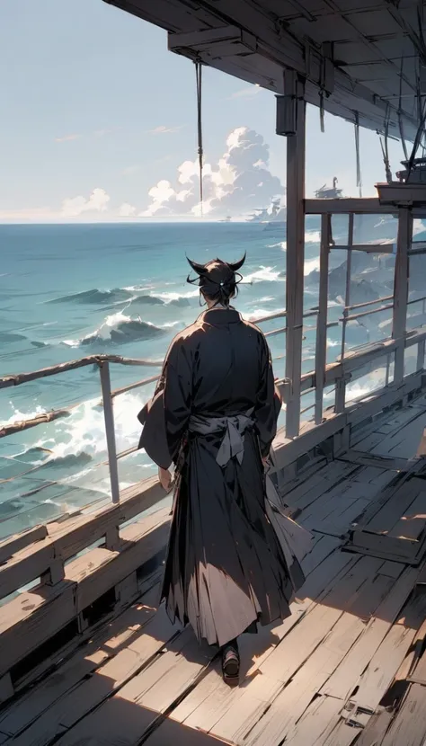 A samurai walking away from another samurai on a ships deck. The ocean stretches out behind them, and the atmosphere is filled with silent tension."