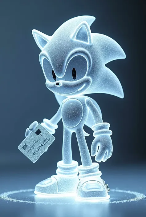 a stoned sonic made of small transparent crystals who holds a credit card in his hand