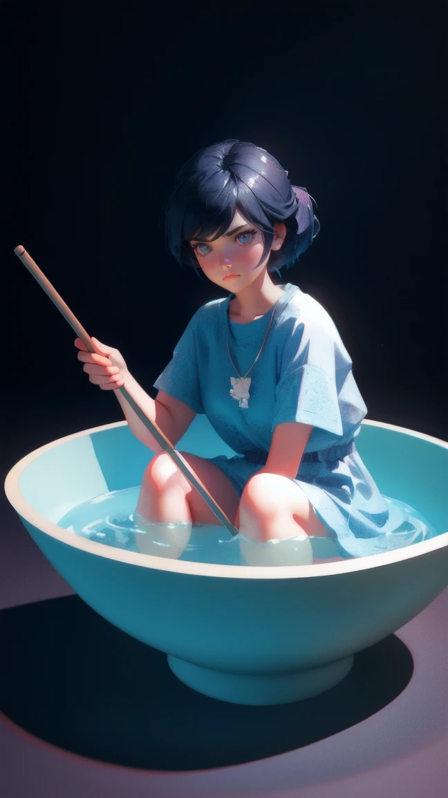 a beautiful girl sitting in a bowl of water with a stick transduction,  An exaggerated frown or a pouting face to emphasize frustration.3 d illustration, 3d illustration, depicted as a 3 d render, stuck, trend on behance 3d art, trend on behance 3 d art, w...