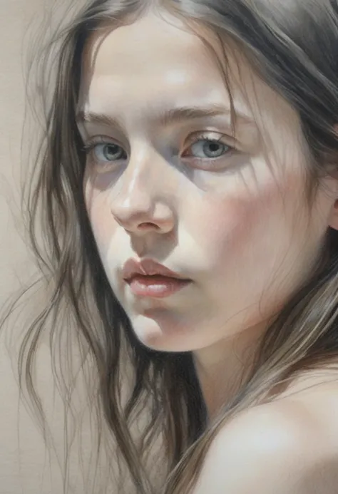 stunning colour graphite sketch of a beautiful 12years old naked French girl portrait, (by Alyssa Monks:1.1), beautiful lighting, sharp focus, 8k, high res, Masterpiece, ((naked))
