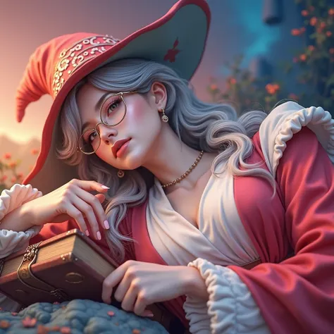 intricate detailed portrait of a beautiful woman with silver hair wearing a red hat and glasses, holding an old leather-bound book, Maya Ali as a D&D sorceress, wearing a red wizard hat, detailed high fantasy witch character, highly detailed digital art, c...