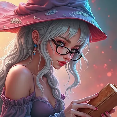 intricate detailed portrait of a beautiful woman with silver hair wearing a red hat and glasses, holding an old leather-bound book, Maya Ali as a D&D sorceress, wearing a red wizard hat, detailed high fantasy witch character, highly detailed digital art, c...