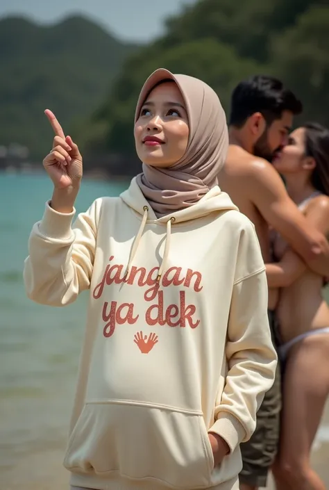 A pregnant hijaber indonesian pretty girl, wearing a cream hoodie with a strong vector design featuring a silhouetted image of a five-fingered palm in pastel colour with love and light. The phrase "JANGAN YA DEK" is displayed in bold simple elegand, distre...