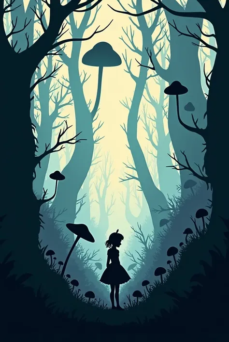 "Minimalist silhouette art in the style of Olly Moss, depicting a dark and twisted version of Alice in
Wonderland. Alice is a small, lost figure in the foreground, taking up no more than one-third of the
image, slumped over, looking disheveled and exhauste...