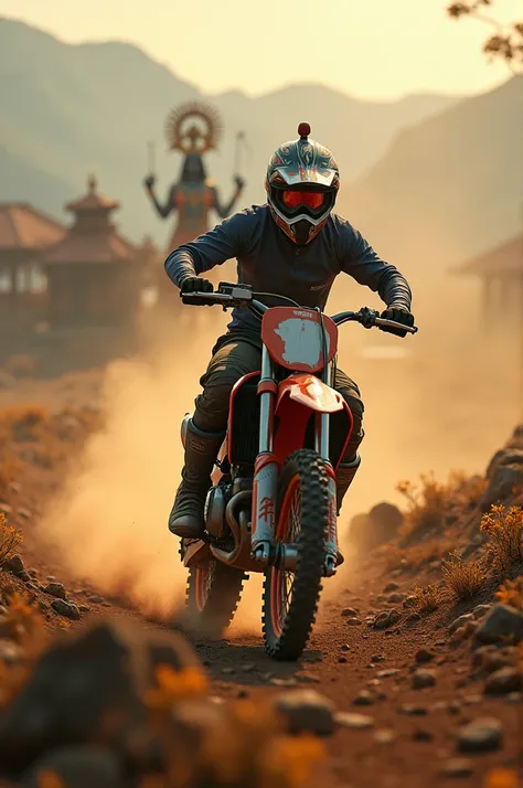 Background: A sweeping Nepali landscape with a touch of the Kurukshetra battlefield vibe, perhaps with rolling hills and ancient elements.Main Subject: You riding a dirt bike, equipped with full riding gear including a helmet, capturing the action and thri...