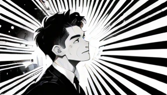 (((black and white illustration with converging lines)))、(((young handsome man with surprised face))),profile、draw the face with...