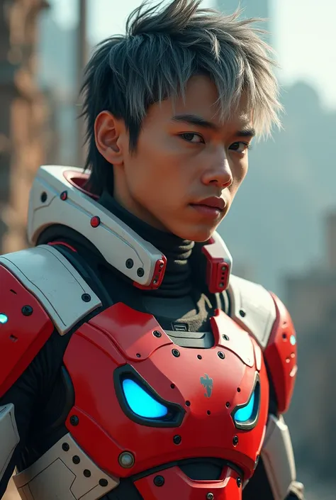 a young Malaysia man, tan skin .19 year old boy wearing a red and white exoskeleton armor, a robot face on his chest , malaysian mullet wolfcut hairstyle. Red ear mount . black hair mix little white hair. , detailed face and eyes, highly detailed, 8k, phot...