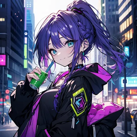 1 person、Mature、Ample breasts、Purple Hair、Long Hair、Emerald green eyes、ponytail、Braid、Voluminous hair、Earrings、Black hoodie、Shoulder Bare、blue sky、Downtown、smile、With juice、Black choker、Shorts、garter、High resolution、Highest quality
