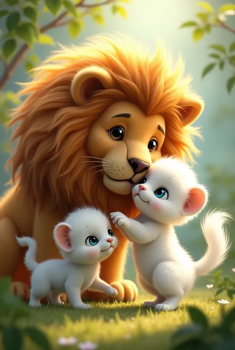 A white pet has a blue eyes , white Hair  plying with lion 