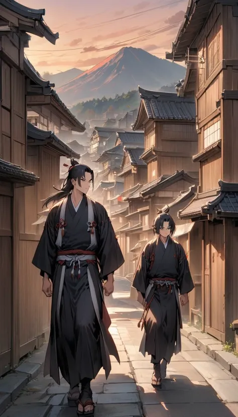 A historical Japanese town at sunset, with traditional wooden buildings lining the street. A lone samurai with a stern expression walks down the street, his katana at his side, wearing a dark kimono."