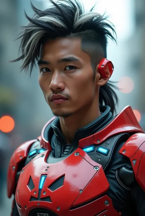 a young Malaysia man, tan skin .19 year old boy wearing a red and white exoskeleton armor, a robot face on his chest , malaysian mullet wolfcut hairstyle. Red ear mount . black hair mix little white hair. , detailed face and eyes, highly detailed, 8k, phot...