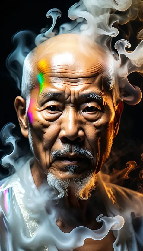 , ultra detailed ultra realistic portrait of a ghost-like form of an asian old man without bruise or mark and slightly bald surr...